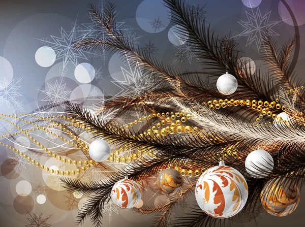 Kerst achtergrond met kerstballen en kerstboom — Stockvector