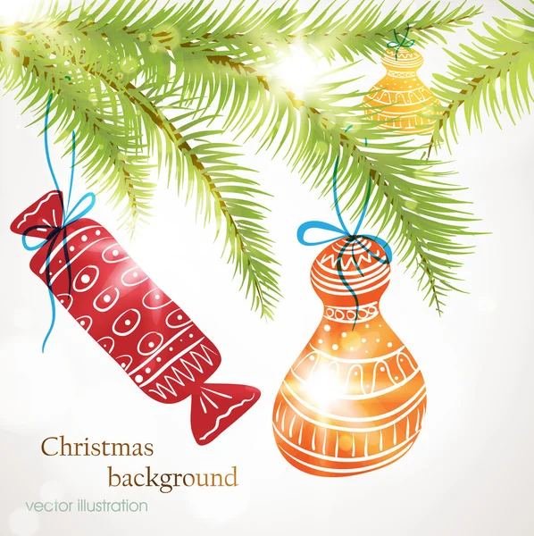 Рождественский фон с безделушками и елкой — стоковый вектор