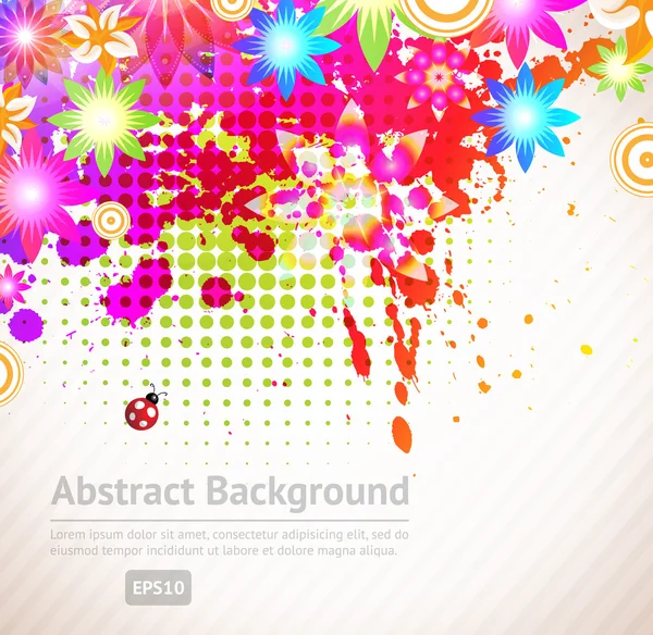 Abstract vector floral summer background with flowers, sun, ladybird, cherry — Stock Vector