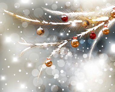 Noel arkaplanı, takılar ve Noel ağacı.