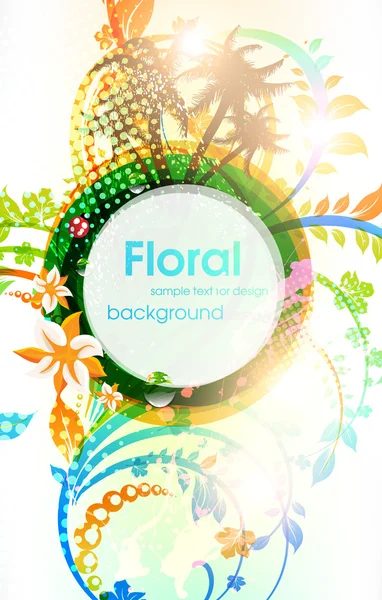 Fondo de verano floral vector abstracto con flores, sol, mariquita, cereza y palmeras — Vector de stock