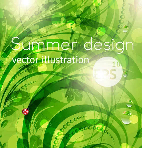 Resumen brillante verano o verano vector fondo floral con flores, mariquita y sol brillan — Archivo Imágenes Vectoriales