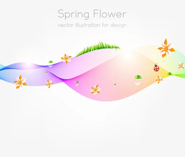 Colorful spring banner with grass, flowers and ladybirds — Stock Vector