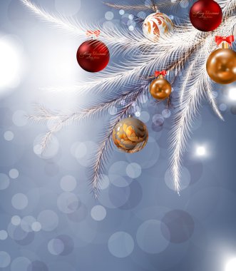 Noel arkaplanı, takılar ve Noel ağacı.