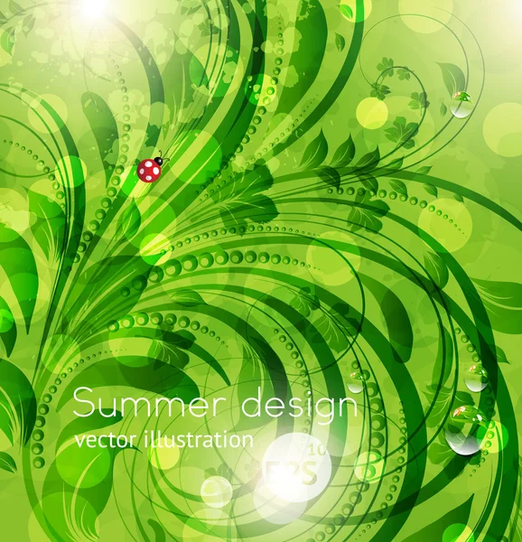 Resumen brillante verano o verano vector fondo floral con flores, mariquita y sol brillan — Vector de stock