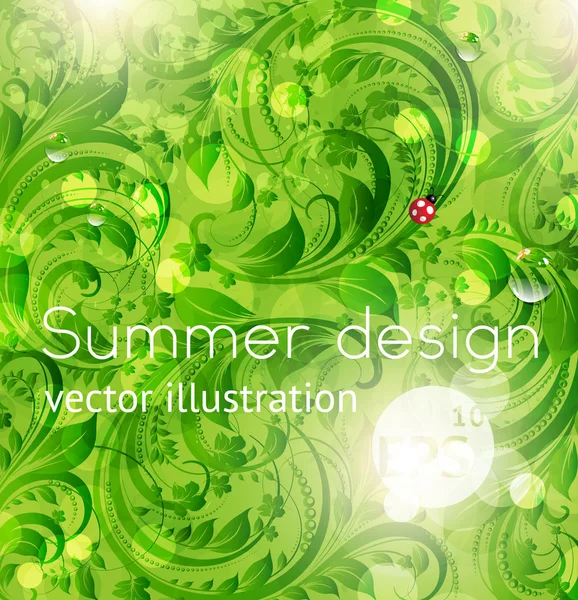 Resumen brillante verano o verano vector fondo floral con flores, mariquita y sol brillan — Vector de stock
