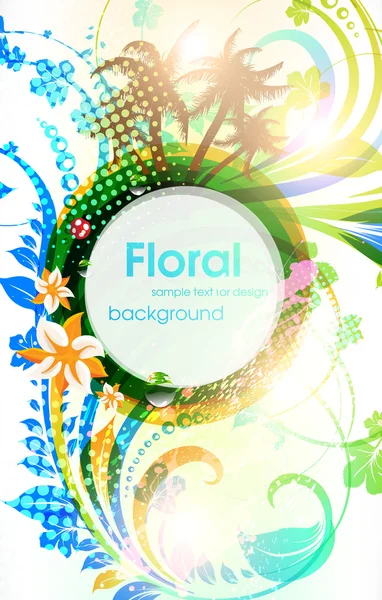 Fondo de verano floral vector abstracto con flores, sol, mariquita, cereza y palmeras — Archivo Imágenes Vectoriales