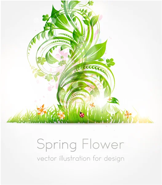 Fondo de pantalla de hierba vector de verano con flores, mariquita, gotas y sol brillan — Vector de stock
