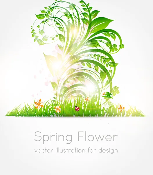 Fondo de pantalla de hierba vector de verano con flores, mariquita, gotas y sol brillan — Vector de stock