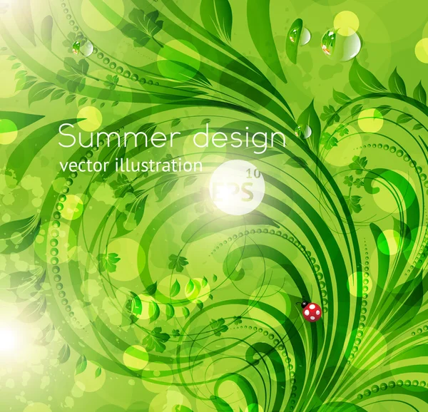 Resumen brillante verano o verano vector fondo floral con flores, mariquita y sol brillan — Archivo Imágenes Vectoriales