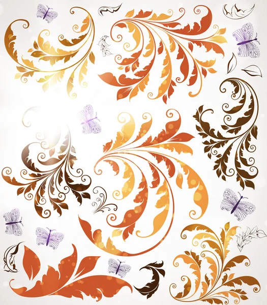 Vintage colorful design elements set for retro design. With leafs and flowers. — Stock Vector