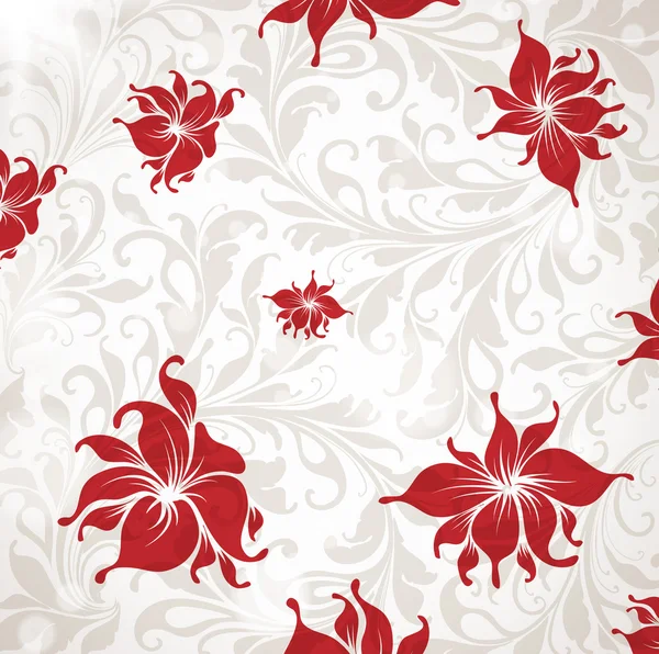 Nahtlose Tapete, Vektorhintergrund mit Blättern und roten Blumen für Retro-Design. — Stockvektor