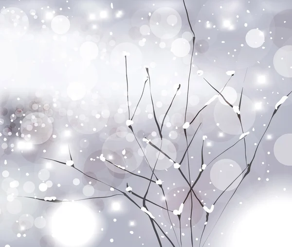 Abstrakte Weihnachtskarte mit weißen Schneeflocken, Baum und Lichtern — Stockvektor