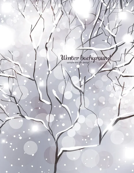 Tarjeta de Navidad abstracta con copos de nieve blancos, árbol y luces — Vector de stock