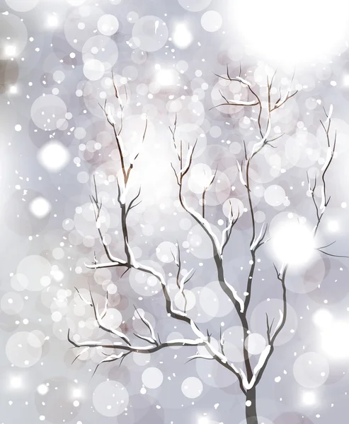 Carte de Noël abstraite avec flocons de neige blancs, arbre et lumières — Image vectorielle