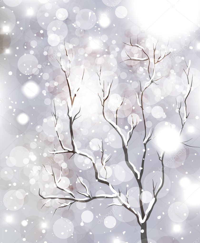 Abstract Christmas card with white snowflakes, tree and lights
