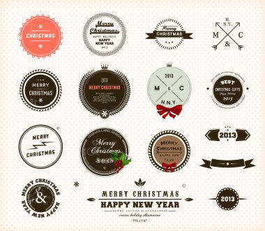 Noel dekorasyon koleksiyonu. Kaligrafi ve tipografik öğelerin, çerçeveler, vintage daire etiket, kurdela, kenarlıklar, holly Karpuzu ve kar taneleri kümesi.