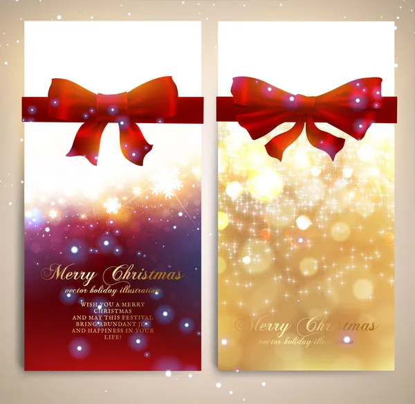 Weihnachtsgrußkarten mit roten Schleifen und leuchtenden Schneeflocken für das Weihnachtsdesign. — Stockvektor