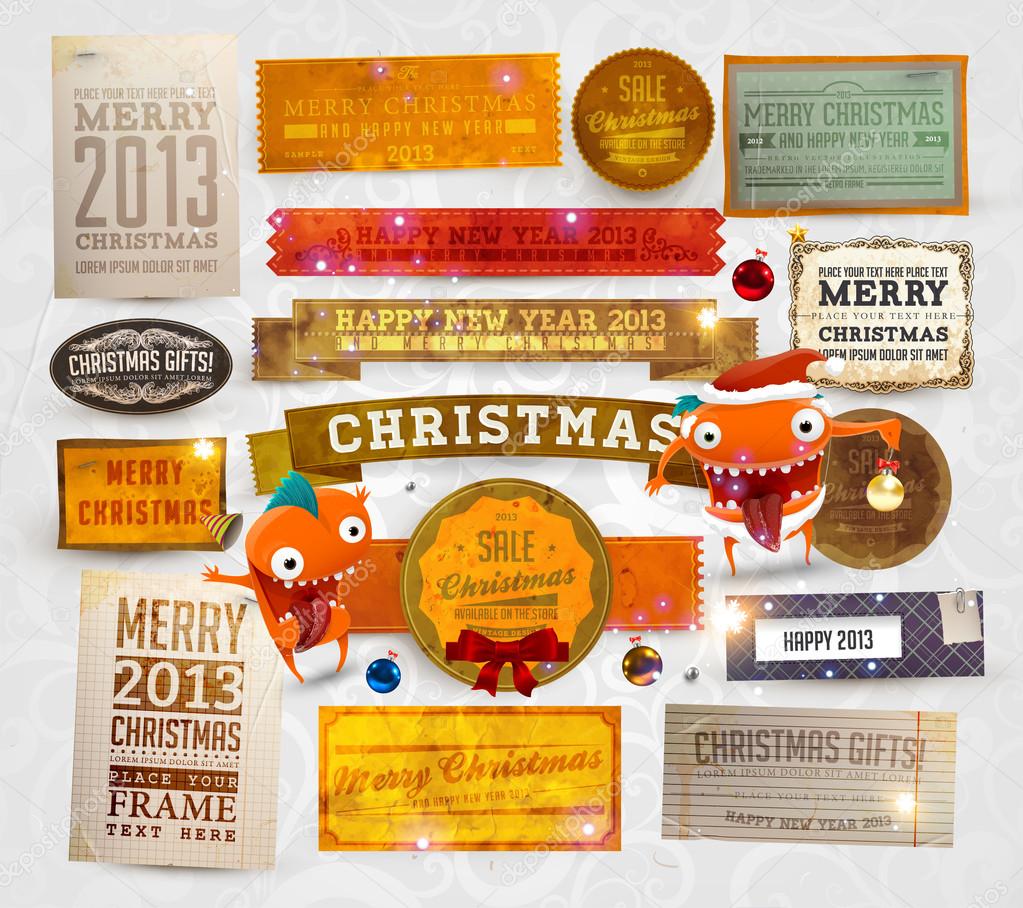 Set of vector Christmas ribbons, old dirty paper textures and vintage new year labels.