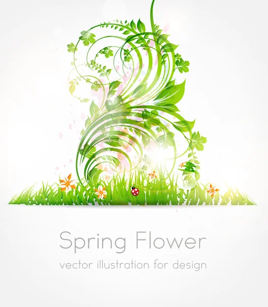 Vector summer illustration of floral ornament with flowers, grass and ladybird. — Stock Vector