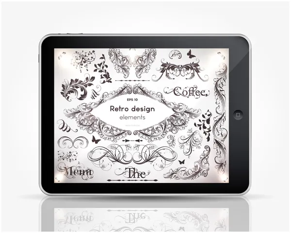 Tablet Computer with vintage ornaments and frame elements set for retro design. — Stock Vector