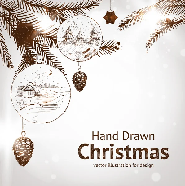 Árbol de piel dibujado a mano de Navidad para el diseño de Navidad. Con pelotas, juguetes y cono de abeto . — Vector de stock