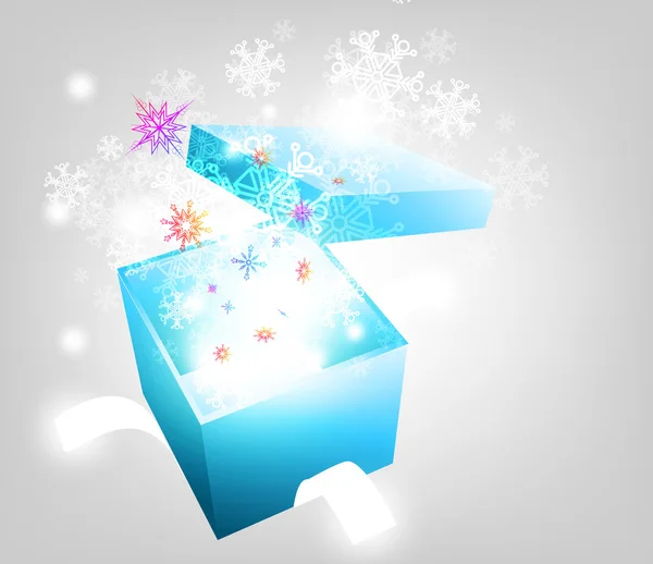 Otevřít prozkoumat dárek s pozadím vektor letu sněhové vločky. — Stockový vektor