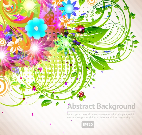 Abstract vector floral summer background with flowers, sun, ladybird, cherry — Stock Vector