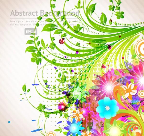 Vector abstracto fondo de verano floral con flores, sol, mariquita, cereza — Vector de stock