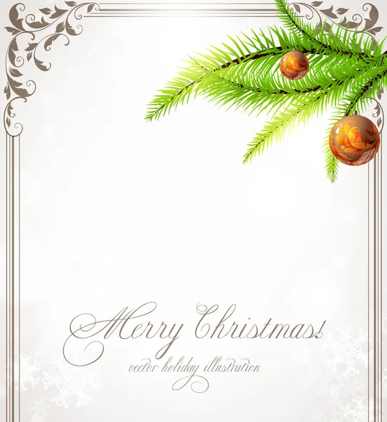 Christmas background with baubles, retro frame and christmas tree — Stock Vector