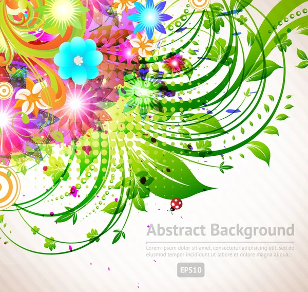 Abstract vector floral summer background with flowers, sun, ladybird, cherry — Stock Vector