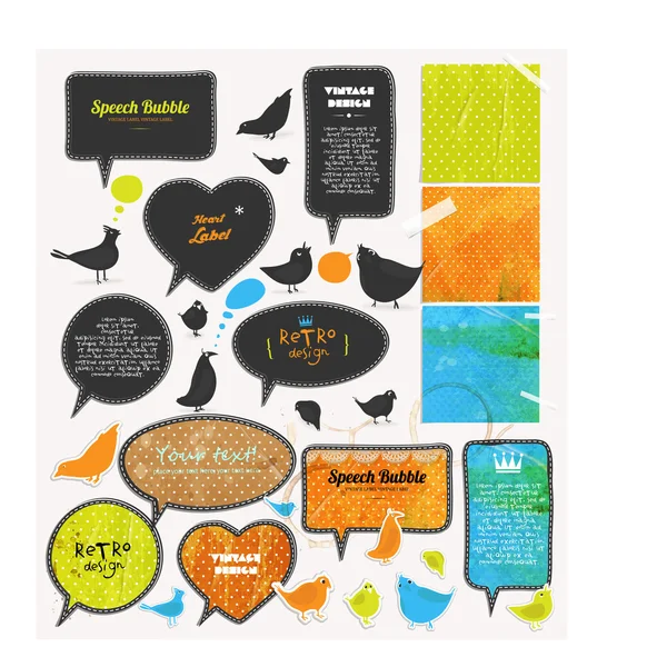 Speech bubbles and birds set, old paper textures. — Stock Vector