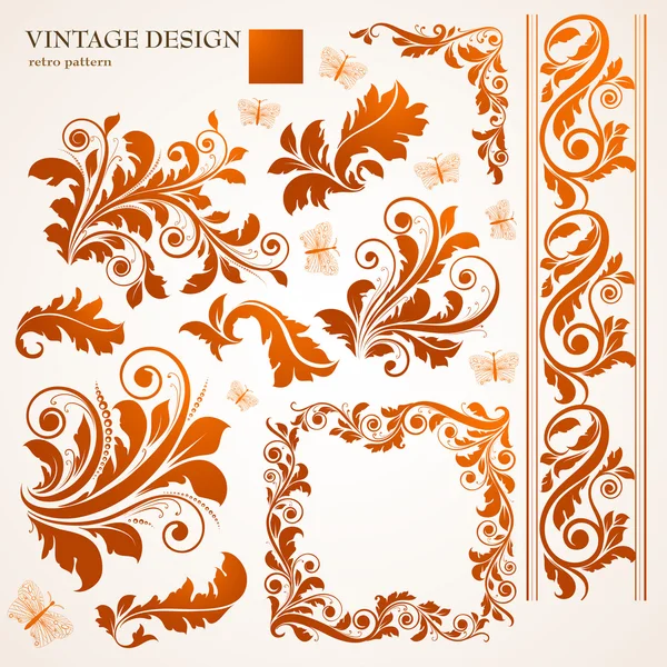 Conjunto de flores vintage adornos — Vector de stock