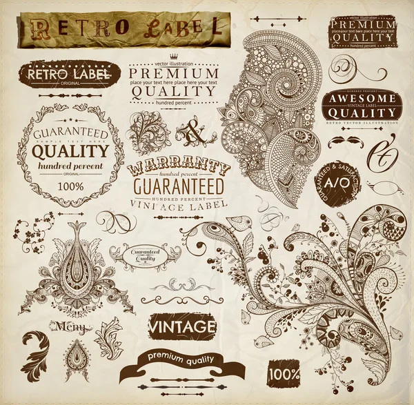 Vector set: calligraphic design elements, flowers and retro frames, Premium Quality and Satisfaction Guarantee vintage design Labels. Old style, vector collection. — Stock Vector