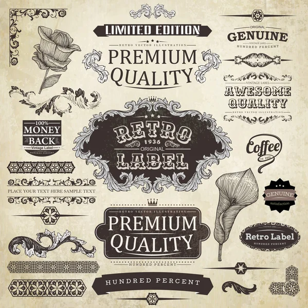 Ensemble vectoriel : éléments de design calligraphique et décoration de page, collection Premium Quality Label avec des fleurs de gravure grungy noir — Image vectorielle
