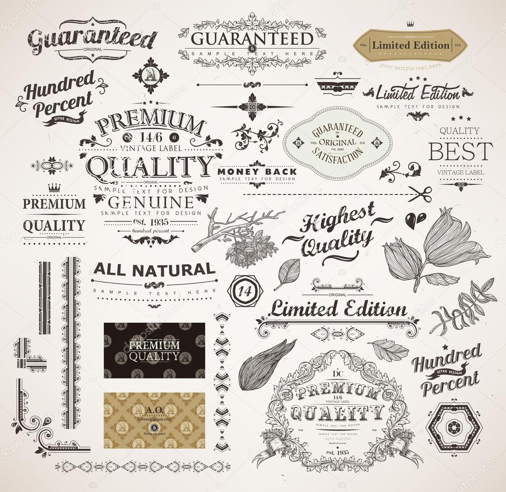 Vector set: calligraphic design elements, flowers and retro frames, Premium Quality and Satisfaction Guarantee vintage design Labels. Old style, vector collection.