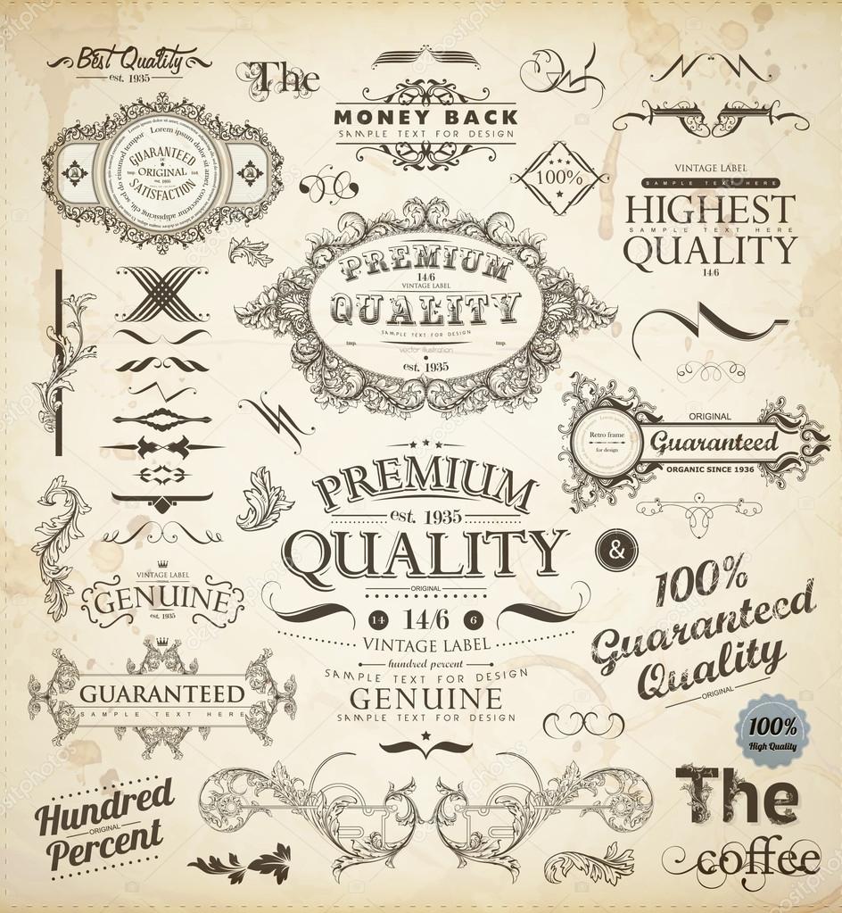 Vector set of calligraphic design elements: page decoration, Premium Quality and Satisfaction Guarantee Label, antique and baroque frames