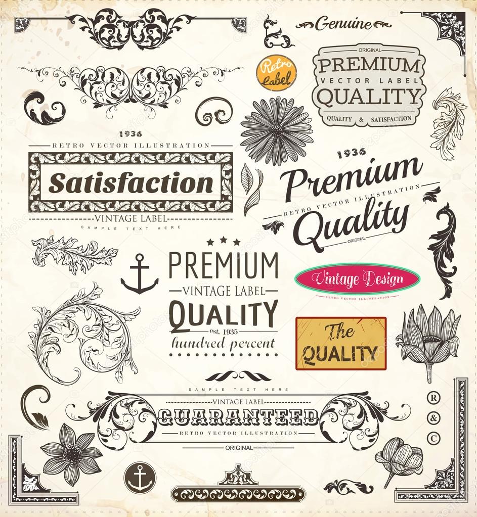 Vector set: calligraphic design elements, flowers and retro frames, Premium Quality and Satisfaction Guarantee vintage design Labels. Old style, vector collection.