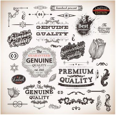 vector set: kaligrafik tasarım öğeleri ve sayfa dekorasyon, siyah aşınmış tasarım ve çiçekler ile üstün kaliteli, denizciler ve memnuniyet garantisi etiket koleksiyonu