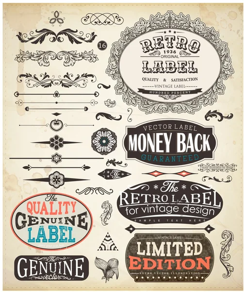 Conjunto de vectores: elementos de diseño caligráfico y decoración de página, calidad premium, Seafarers y colección de etiquetas de garantía de satisfacción con diseño grungy negro y flores — Archivo Imágenes Vectoriales