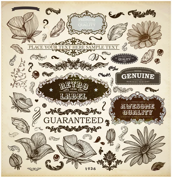 Conjunto de vectores: elementos de diseño caligráfico y decoración de página, calidad premium, Seafarers y colección de etiquetas de garantía de satisfacción con diseño grungy negro y flores — Vector de stock