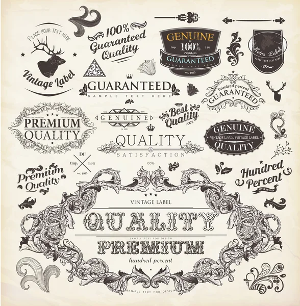 vector set: kaligrafik tasarım öğeleri ve sayfa dekorasyon, siyah aşınmış tasarım ve çiçekler ile üstün kaliteli, denizciler ve memnuniyet garantisi etiket koleksiyonu