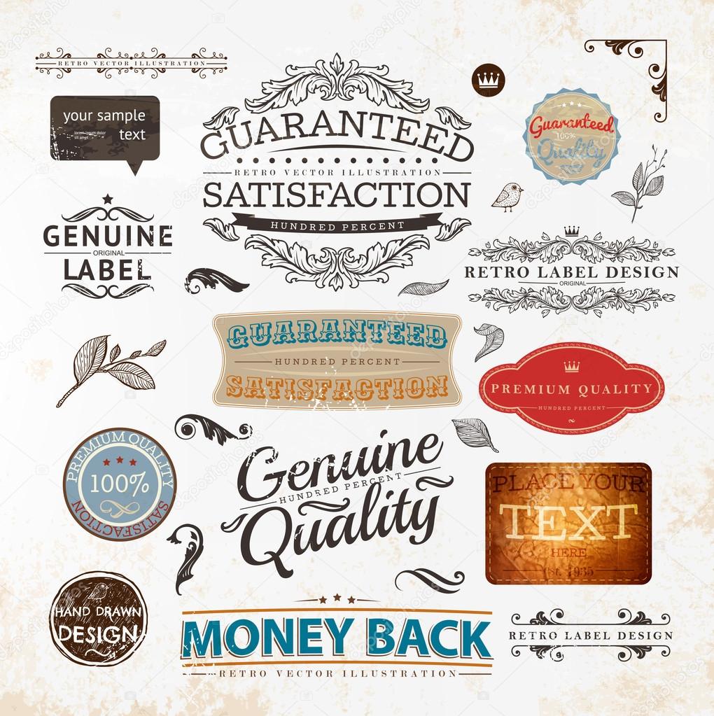 Vector set: calligraphic design elements and page decoration, Premium Quality, Seafarers and Satisfaction Guarantee Label collection with black grungy design and flowers