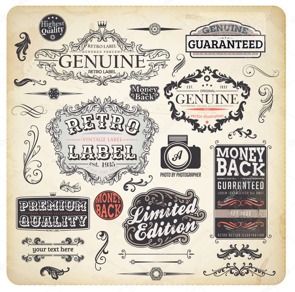 Vector set: calligraphic design elements and page decoration, Premium Quality, Seafarers and Satisfaction Guarantee Label collection with black grungy design and flowers