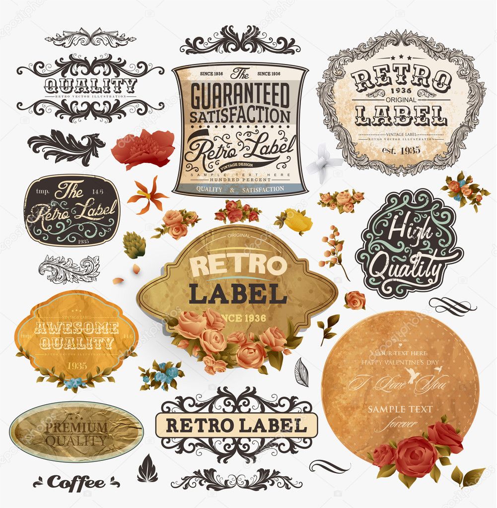 Old style Coffee frames and labels. Retro floral ornaments. Vintage ribbons, borders and other elements collection for Coffee design. eps10 vector set
