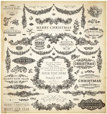 Noel dekorasyon koleksiyonu. Kaligrafi ve tipografik öğelerin, çerçevelerini, vintage etiketleri kümesi. şeritler, çıkartmalar, Noel Baba ve melek. Noel topları, kürk ağaç dalları ve hediyeler el çekilmiş.
