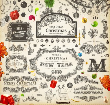 Noel dekorasyon koleksiyonu. Kaligrafi ve tipografik öğelerin, çerçevelerini, vintage etiketleri kümesi. şeritler, çıkartmalar, Noel Baba ve melek. Noel topları, kürk ağaç dalları ve hediyeler el çekilmiş.