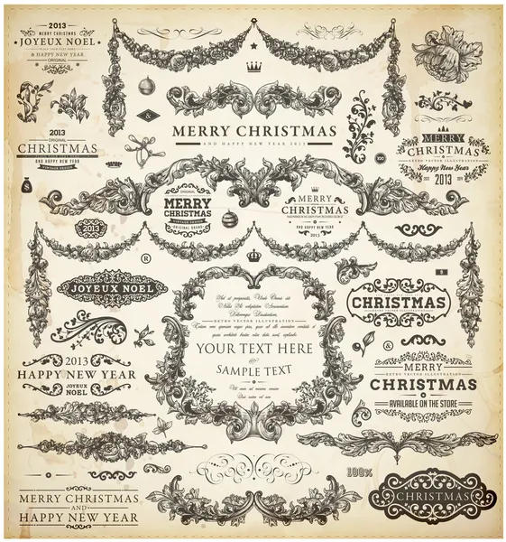 Colección de decoración de Navidad. Conjunto de elementos caligráficos y tipográficos, marcos, etiquetas vintage. Cintas, pegatinas, Santa y ángel. Bolas de Navidad dibujadas a mano, ramas de árbol de piel y regalos . — Vector de stock