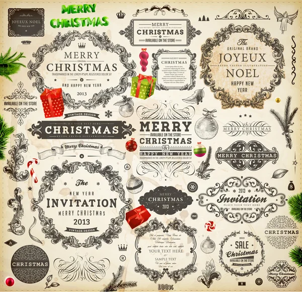 Noel dekorasyon koleksiyonu. Kaligrafi ve tipografik öğelerin, çerçevelerini, vintage etiketleri kümesi. şeritler, çıkartmalar, Noel Baba ve melek. Noel topları, kürk ağaç dalları ve hediyeler el çekilmiş.