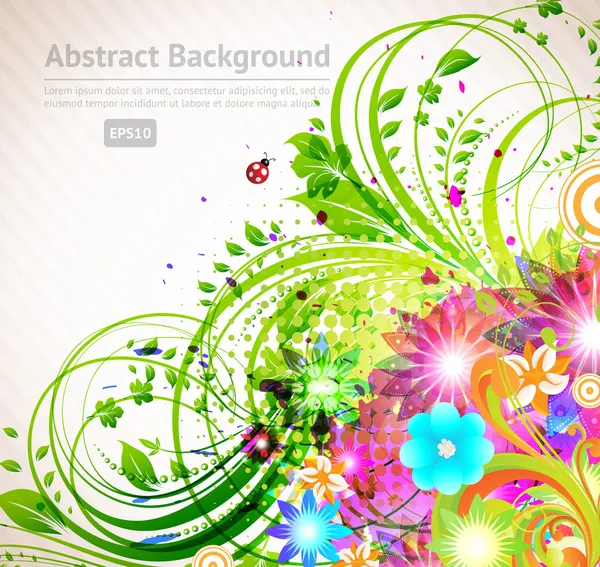 花、太陽、テントウムシ、チェリーと抽象的なベクトル花夏の背景 — ストックベクタ